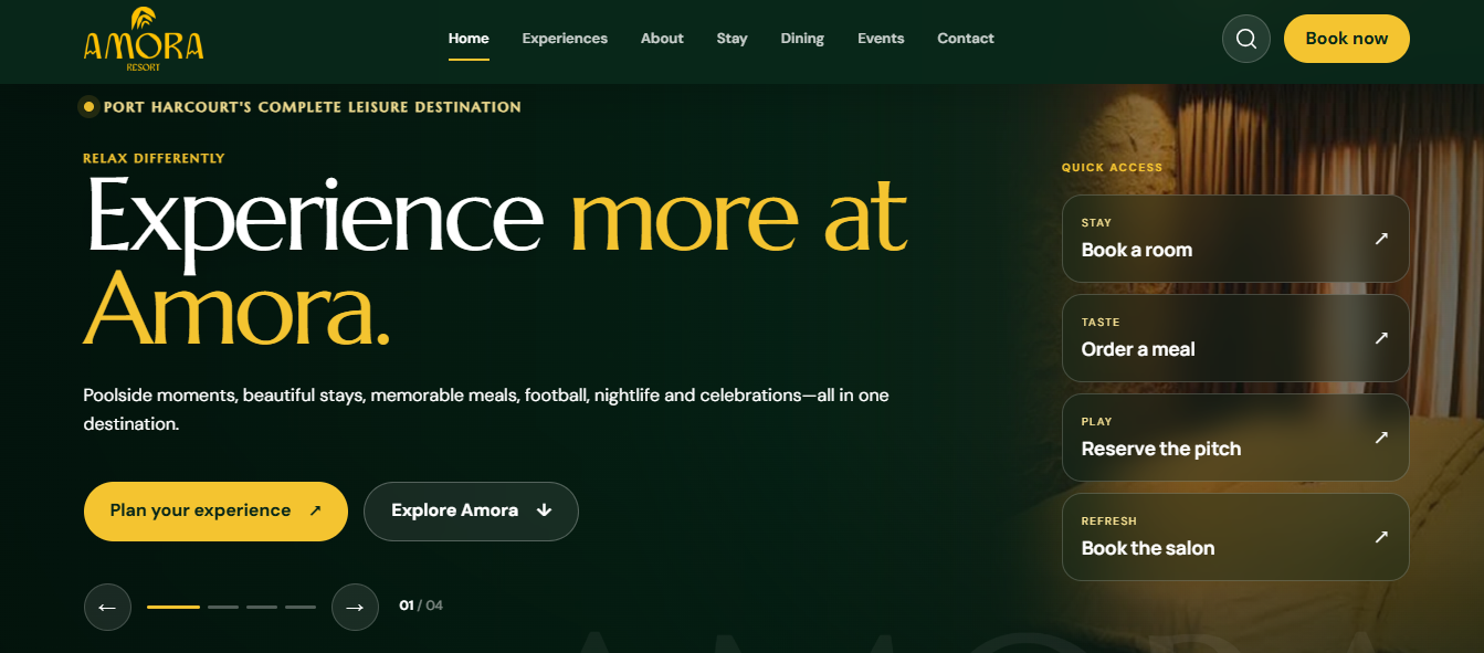 Amora Resort hospitality website homepage